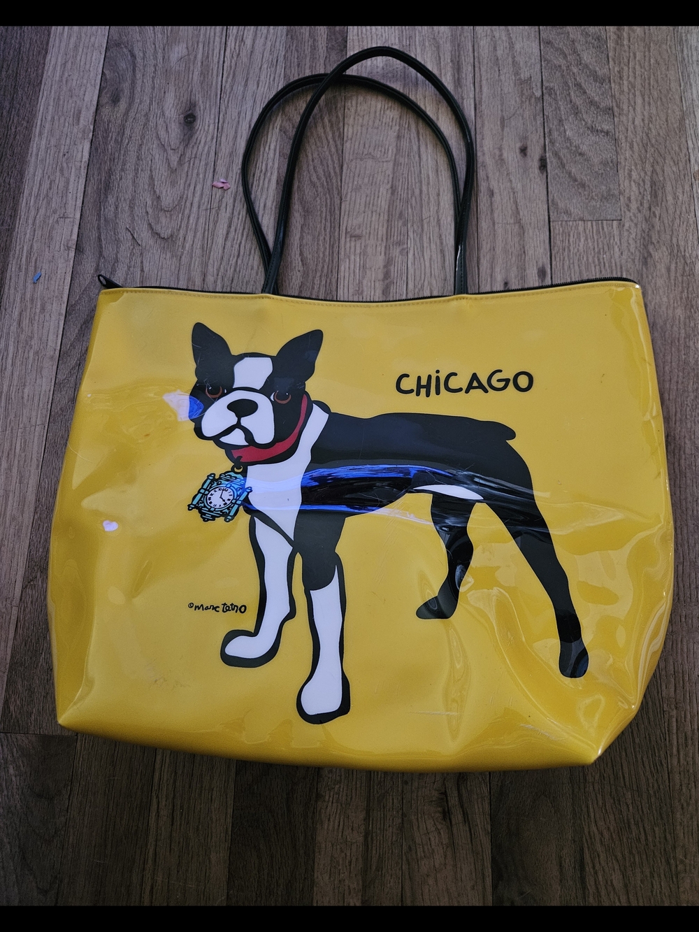 Chicago Dog-Print Yellow Patent Tote Bag with Black Straps